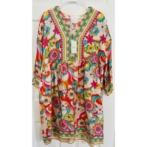 Johnny Was Barbara Floral Mini V-Neck Dress Kimono Sleeves Bohemian Boho L $350